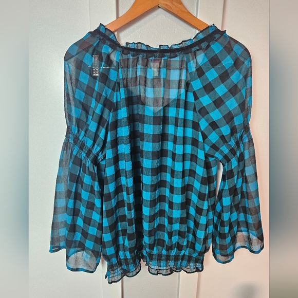 Candie's XL Blue & Black Plaid Sheer Blouse Bell Sleeve Velvet Tie Boho Top - Picture 7 of 9